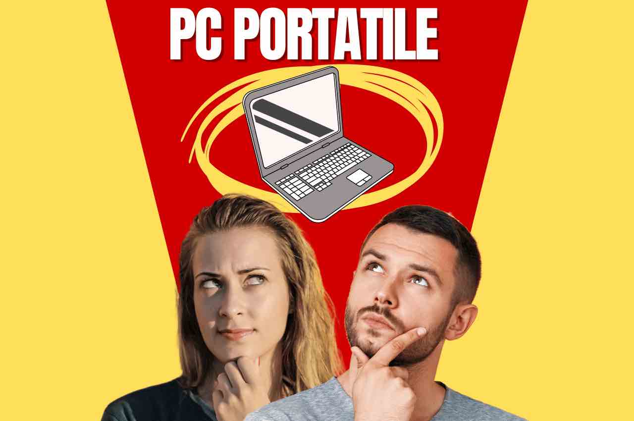 Ragazzo e ragazza che pensano. In alto, illustrazione di un pc portatile