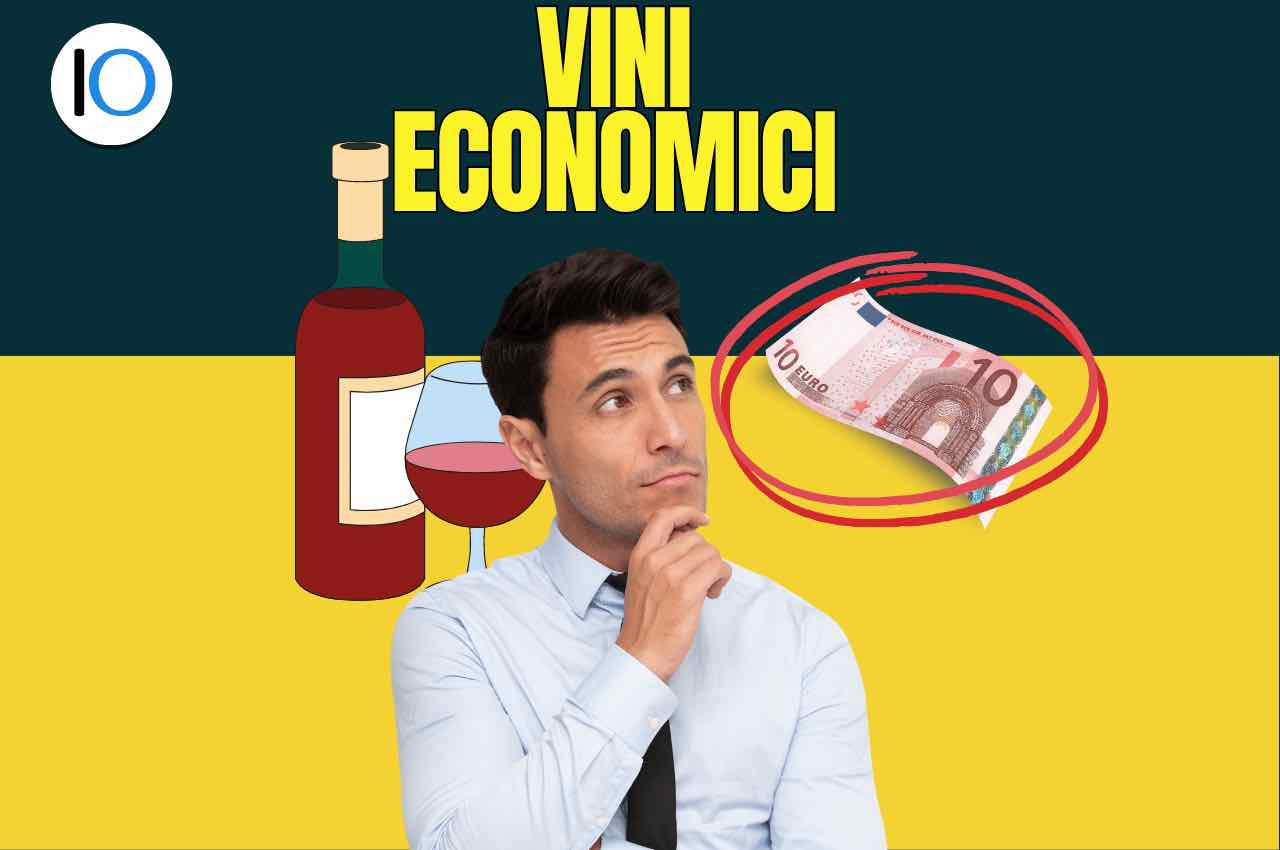 Uomo indeciso, alle spalle illustrazione del vino e banconota da 10 euro