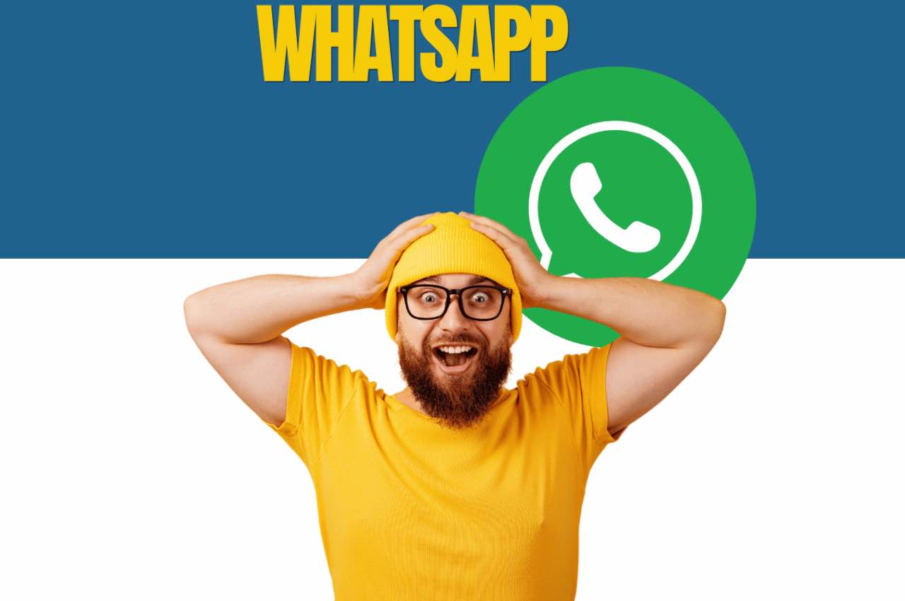 Uomo sorpreso, alle spalle logo Whatsapp