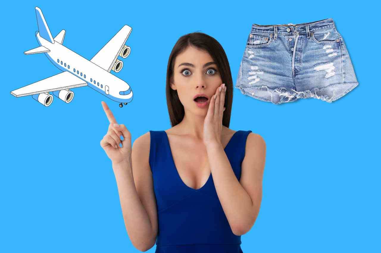 ragazza che indica un aereo e pantaloncini