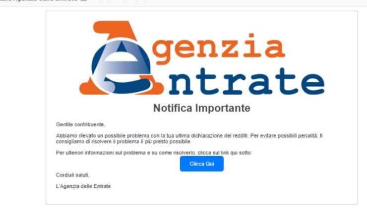 Email truffa, attenzione: non cliccare, si fingono l'Agenzia delle Entrate