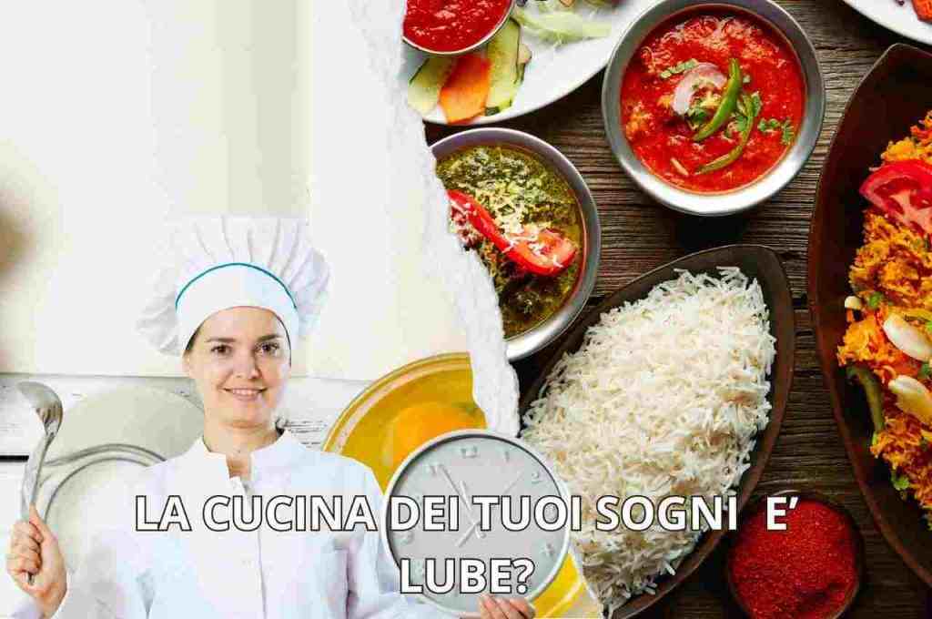 Una composizione con una cuoca e alcune pietanze