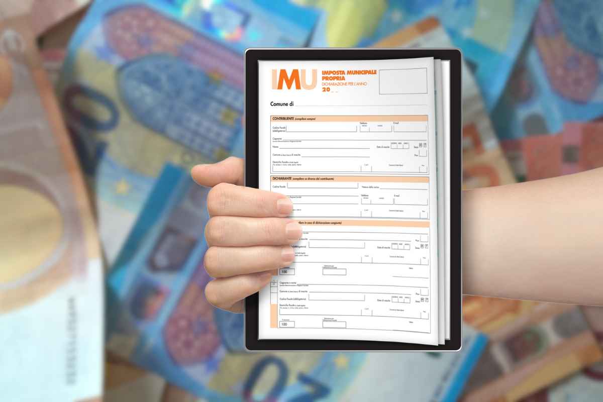 Soldi sullo sfondo, mano tiene un modulo dell'IMU