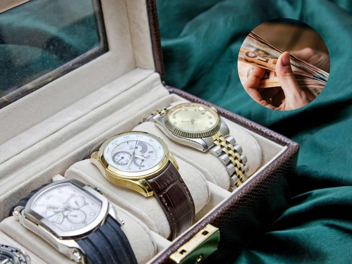 Orologi e logo con mani che contano i soldi