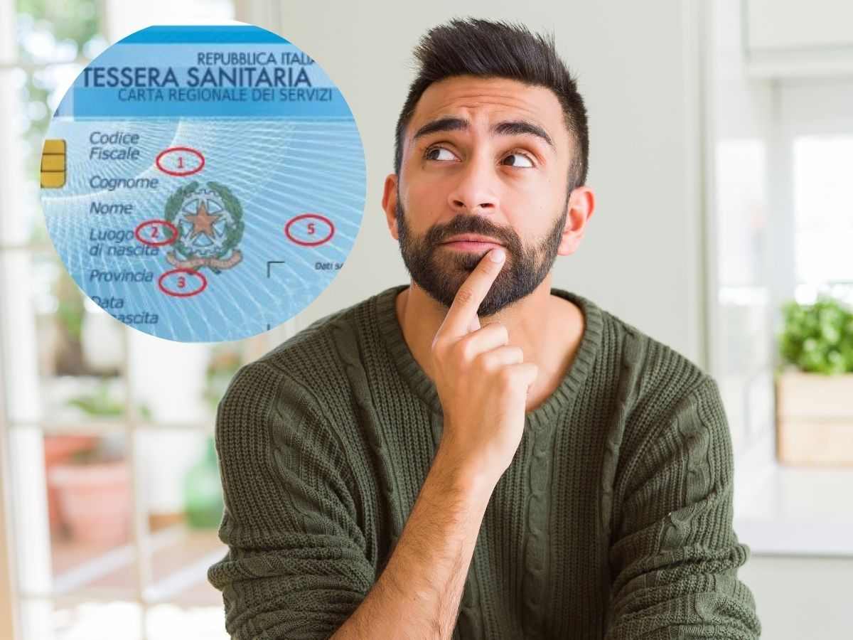 Uomo con dubbi e logo tessera sanitaria