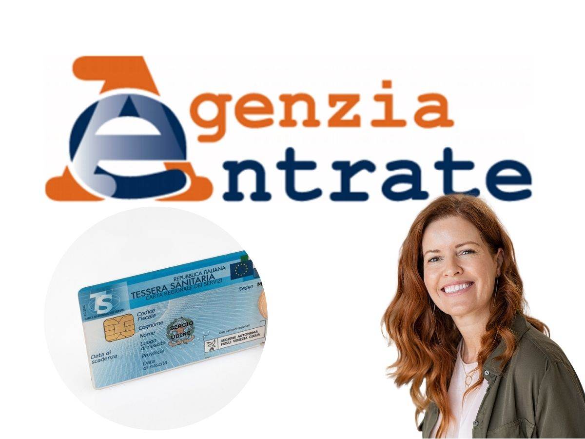 Logo Agenzia delle Entrate, tessera sanitaria e donna sorridente