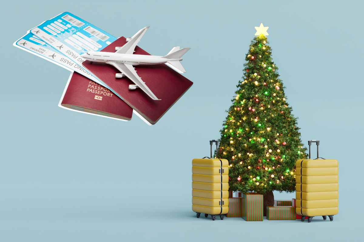 Aereo, passaporti e albero di Natale