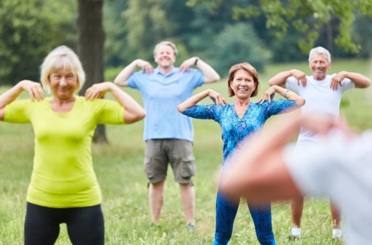 persone anziane che fanno ginnastica su un prato