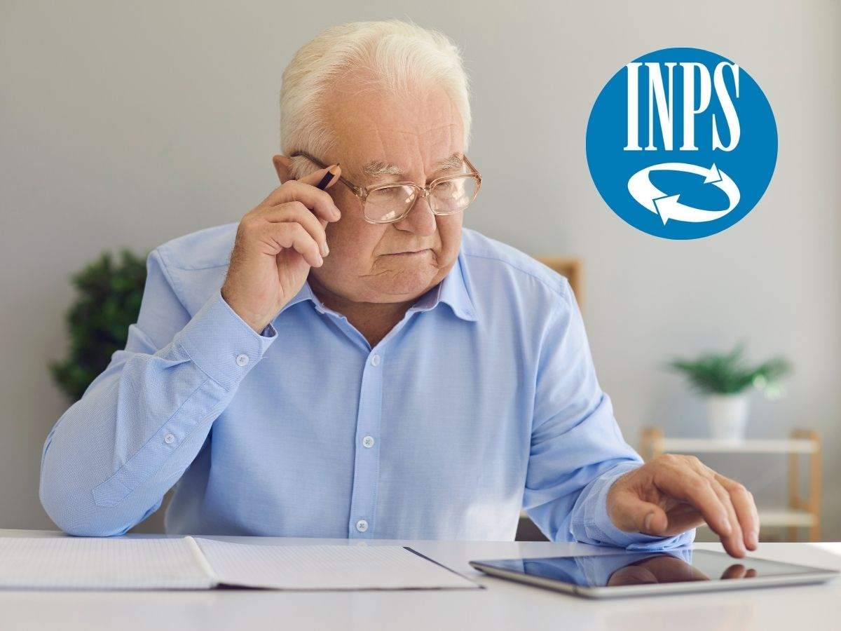 Pensione - Uomo anziano che fa i conti e logo INPS