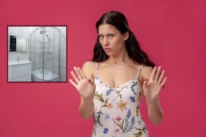 donna che dice no con la mani avanti e nel riquadro una doccia in vetro